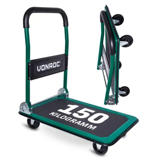 VONROC Carretilla Plegable 150 kg – Carro Plataforma con Ruedas 360°, Carro de Transporte con Plataforma Antideslizante 47x73 cm, Carretilla de Carga para Almacén, Taller, Garaje y Mudanzas