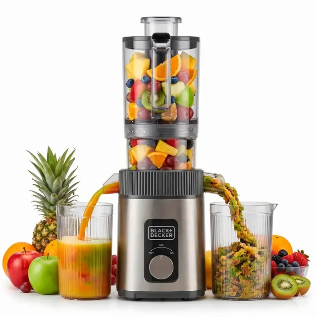 Black+Decker – Licuadora Frutas y Verduras | Boca 110mm | Prensado en Frío | Sin Oxidación | Zumo 800ml / Pulpa 600ml | Función Reverse | Filtro apto Lavavajillas | Antideslizante