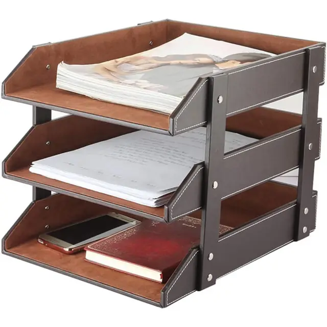 Bandeja de cuero para cartas, organizador de escritorio, compartimentos apilables formato A4, para cartas, cestas de correo, revistas, 3 compartimentos, marrón