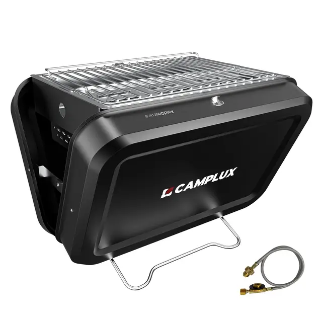 CAMPLUX Parrilla portátil 2 en 1, estufa de camping de gas y carbón con rejilla de 40 x 31,5 cm, se pliega compacta para camping, mochileros, balcón y viajes, FoldGo FG16GB
