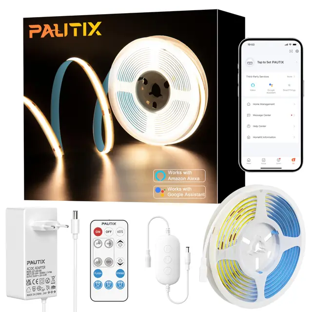 PAUTIX WIFI COB LED Tira Blanco Cálido 2700K 5M,480LEDs/M Regulable 24V LED Tira Flexible CRI90+ Brillo,Inteligente Función con Alexa,RF Remoto y Alimentación para decoración del Hogar de Bricolaje