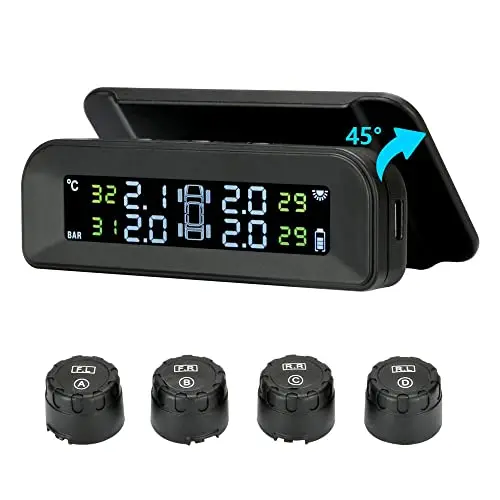 Jansite TPMS Sistema de monitoreo de presión de neumáticos solar 22-87Psi montaje en parabrisas con 4 sensores externos para coche en tiempo real sistema de alarma automática inalámbrica