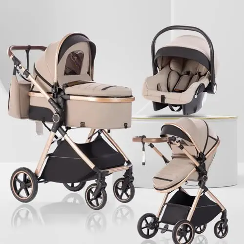 Cochecito Bebe 3 Piezas con Capazo, Sistema de Viaje's Capazo es Plegable, Carrito de Bebé Mang es Ajustable, las Ruedas son de Material PU, para 0-3 Años-Caqui-Beige