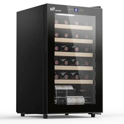 Upstreman Vinoteca para 24 Botellas, 5°C - 20°C Ajustable, Empotrable & Bajo Encimera, Doble Acristalamiento, Pantalla Táctil, Iluminación LED, 5 Baldas, Bodega de vino Negro W24
