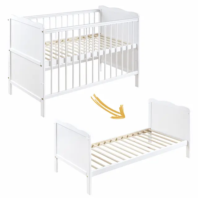 Cuna Bebe con Cajón - Cuna Bebe Madera con Barandillas de Protección - 60x120cm - Regulable en Altura - Cuna para Bebe Convertible en Cama Infantil - Cuna de Bebe para Niñas y Niños Blanco