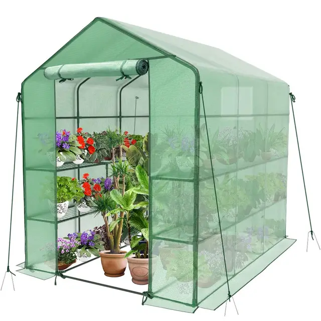VOUNOT® Invernadero de Jardín 143x215x195 cm Vivero Casero Plantas Cultivo con Puerta Enrollable y Ventana, Invernadero Huerto Caseta de Jardín 12 Estantes para Plantas Macetas Flores, Verde