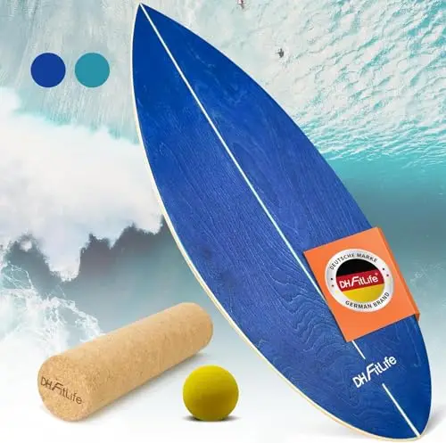 DH FitLife Tabla de Equilibrio de Madera Natural con Rocker Shape, Surfboard Interior para Adultos, Balance Board Multiejercicios para Coordinación, Incluye Rueda y Bola