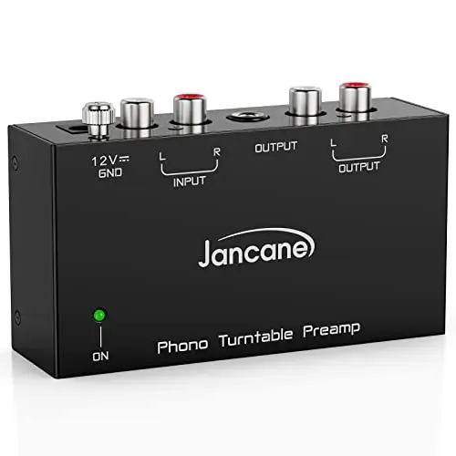 Preamplificador Phono, Mini Amplificador Audio, Preamplificador estéreo de Audio electrónico con Entrada RCA, Salida RCA/TRS, Funcionamiento de bajo Ruido, con Adaptador de 12 V