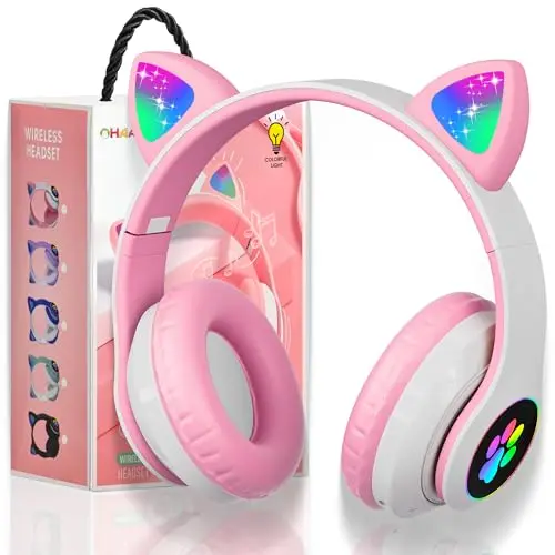OHAANYY Auriculares para Niños Inalámbricos con Luz LED, Auriculares de Diademacon Orejas de Gato para Niñas, Bluetooth Plegables Auriculare con Micrófono para TV Regalo para Cumpleaños/Navidad (4)