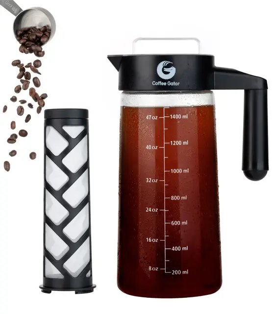 Coffee Gator Cafetera de Émbolo para Preparar Café en Frío Máquina Manual Cold-Brew para Conseguir un Café de Filtro Intenso y Aromático — Incluye Cuchara de Medición y Embudo
