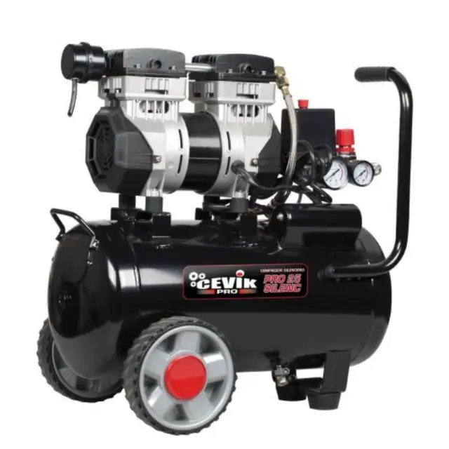 CEVIK PRO - CA-PRO25SILENC - Compresor Aire Silencioso - 59 dB - 25L - 1.5HP - Máx 8 Bar - 150 l/min - Sin Aceite - Dos Salidas de Aire - Compacto y Portátil - Compresor de Pintura y Neumática