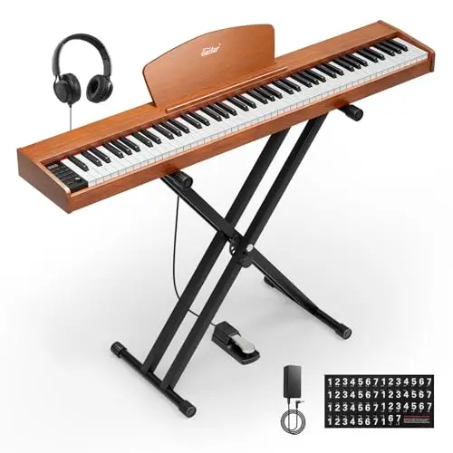 Eastar EP-80 Teclado de Piano de 88 Teclas,Piano Eléctrico de Tamaño Completo con Teclas Sensibles a la Velocidad,Paquete de Piano Digital Portátil para Principiantes con Soporte,Pedal y Atril,Marrón