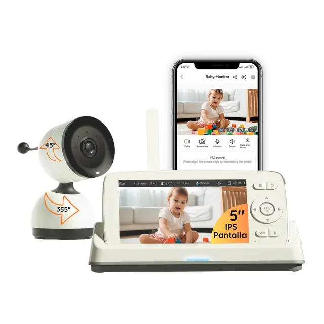 Cámara de vigilancia para bebé PTZ, Full HD 1080P, monitor IPS de 5", audio bidireccional, detección de llanto y movimiento, visión nocturna, VOX, modo Wi-Fi apagado, Wi-Fi remoto, largo alcance 500 m