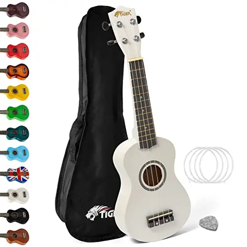 Tiger UKE7 Ukelele soprano para principiantes incluye funda, púa de fieltro, juego de cuerdas de repuesto. Nuevo de este 2020, ahora equipado con cuerdas Aquila,Blanco