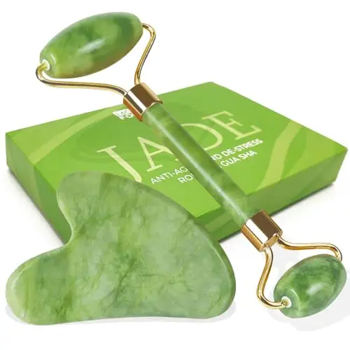 LAC FOR YOU Piedra Gua Sha Facial y Rodillo Jade Autentico - Masajeador Facial Antiarrugas, Relajante y Reafirmante | Skincare Piedra Guasha