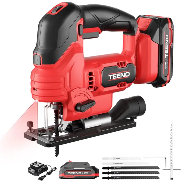 TEENO sierra de calar bateria Makita de 20V 2x2.0Ah,Caladoras para Madera con Láser,800-3000 SPM,5 cuchillas, Corte ± 45°, 6 VELOCIDADES,LED, Cortar Metal, Madera, Plástico