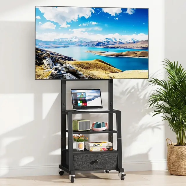 Soporte TV con Ruedas para Televisores de 32 a 60 Pulgadas, Soporte TV Pie con 3 Estantes y Cajón de Tela, Mueble TV Suelo de Altura Regulable, VESA 400x400 mm, hasta 40 kg, Negro