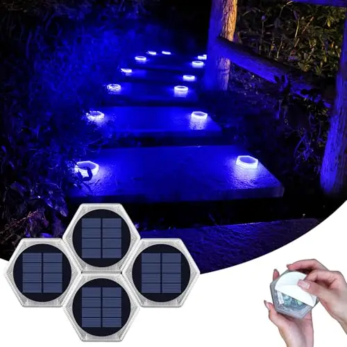 YiLaie Luces Solares Crepusculares Exterior Jardín 20 LED, 10cm Baliza Solar Suelo Hexagonal Adhesiva Iluminación 360°, IP68 Impermeable para Camino, Parking, Escalera, Acera, Azul (4 Pack)