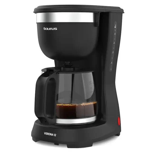 Taurus – Cafetera de Goteo Verona 12 | 680W | Capacidad 1,25L | 12 Tazas | Cafetera con Filtro Permanente Lavable | Boquilla Antigoteo | Sin BPA | Autoapagado | Compacto | Negro