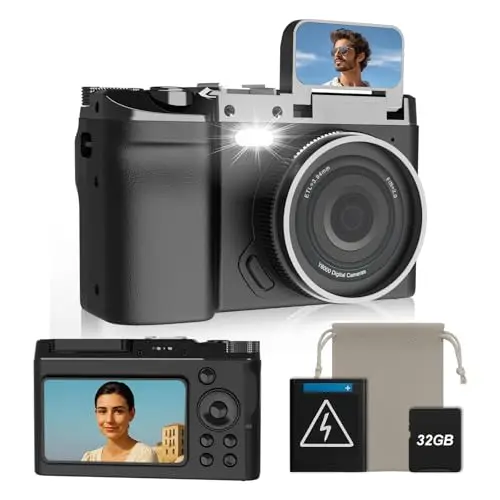Cámara Digital 4K 64MP, Cámara Compacta Retro con Doble Pantalla y Flash, Batería de Larga Duración, Zoom 16X, Cámara de Fotos para Vlogging con Múltiples Modos (Tarjeta SD 32GB)
