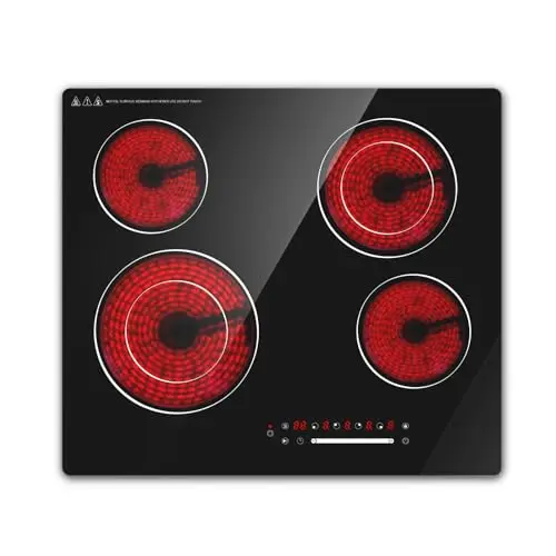 Placa Vitrocerámica 60cm, Encimera Eléctrica 4 Zonas 6700W, Control Táctil, Temporizador y Bloqueo Infantil, Cristal Negro, Conexión Fija