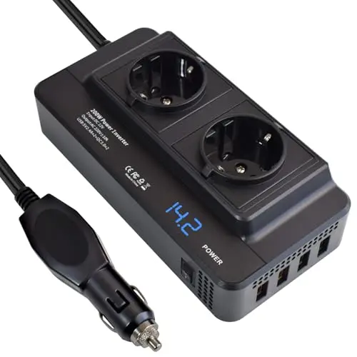 Inversor de Corriente 200W Convertidor Transformador 12V a 220V Onda Modificada Cargador Adaptador Mechero Coche a Enchufe con 2 AC Salidas, 4 Puertos USB y Pantalla Digital