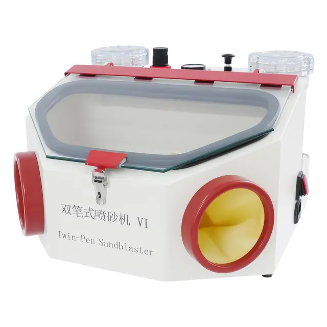 Cabina de chorro de arena, 4 kg, profesional Lab arenado con 2 pistolas de chorro de arena y luz LED, chorro de arena a presión para el tratamiento superficial del material, 220 V