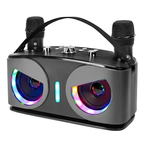 Máquina de Karaoke, con 2 Micrófonos Inalámbricos, Bluetooth 5.3 Sistema de Karaoke Portátil con Luces LED para Fiesta en Casa, al Aire Libre y Boda, Soporta TWS/TF Card/USB/AUX (Negro)