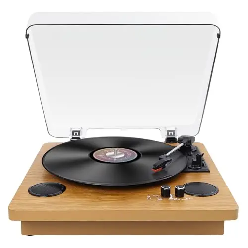 VIFLYKOO Tocadiscos de Vinilo, Vintage Bluetooth Reproductor de Discos con 3 Velocidades 33/45/78 RPM, Altavoces Incorporadas, Grabación de Vinilo a Audio, RCA/Aux/Auriculares/LP, Madera