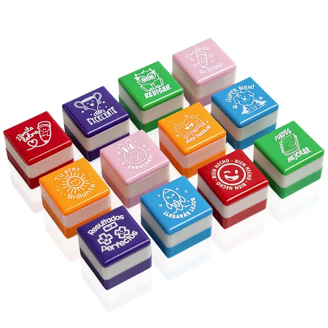 Set de 6 Sellos Cuadrado Motivacionales para Regalo Profesores y Niños, Infantiles, Colores Variados, Seguros y Duraderos, 25mm x 15mm, para Estimulación y Diversión en el Aprendizaje. (12, Español)