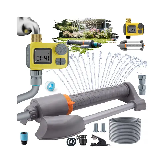Deepoter 3 en 1 Aspersores de riego cesped con Programador, Temporizador Programable + Aspersor + Manguera Híbrida 10m & Conector de Latón, Riego Automático para Jardín