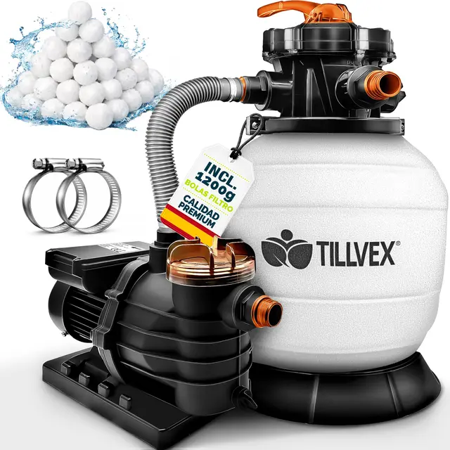 tillvex Depuradora de Agua para Piscina 13.200L/h hasta 40.000L + 1200g Bolas de Filtro - 7 Funciones de Filtrado - Bomba de Filtro de Arena con Válvula (Blanco/Naranja)