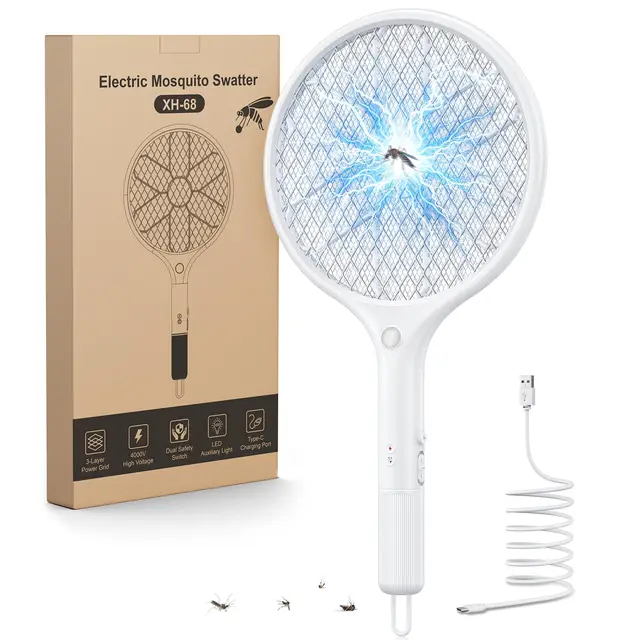 Mohard Raqueta Mosquitos Electrica, 4000V Mata Mosquitos Electrico, USB-C Recargable con Malla de 3 Capas Segura y Luz LED, Raqueta Matamoscas Ligero y Práctico para Interior, Exterior, Casa o Campo