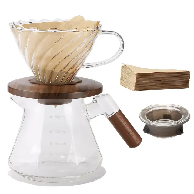 Lalord Cafetera de vertido, juego de vidrio de borosilicato de 20 onzas con 100 filtros de papel #4, cuello de nogal y tapa de vidrio, cafetera de goteo, 1-3 tazas, transparente (juego de 600 ml)