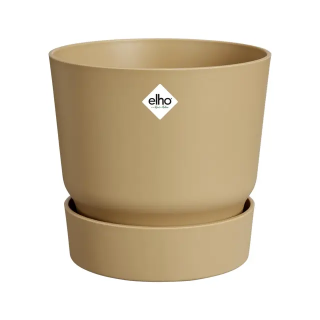 Elho Greenville Round 25 - Macetero por Exterior - 100% Plástico Reciclado - Ø 24.5 x H 23.3 cm - Beige/Arena Dorada