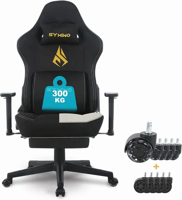 Symino Silla Gaming Ergonómica con Reposapiés, 155° Reclinable: Soporte Lumbar y Reposacabezas Regulable, Ajustable en Altura, Soporta hasta 300kg (Negro)