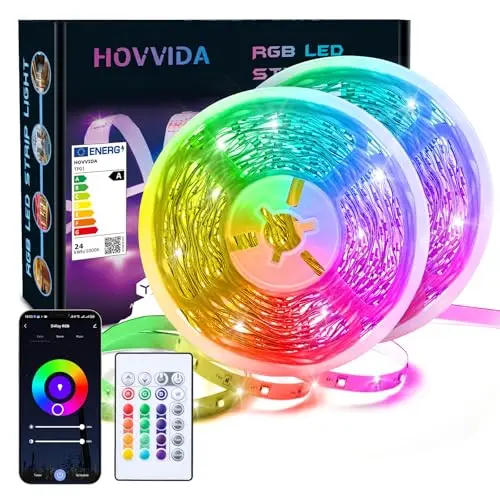 HOVVIDA Tira LED 20m WiFi, Compatible con Alexa y Google Home, 30 LED/Metro, 2x10m, 24V RGB Luces 600 LED, APP y Mando a distancia, Modo de Música, para Habitación, Sala, Cocina, Dormitorio, Fiesta