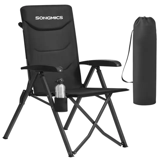 SONGMICS Silla de Camping para Adultos, Reclinable 95°-150°, Plegable, Respaldo Alto Ajustable, con Portavasos y Bolsa con Correa para el Hombro, Jardín, Pícnic, Pesca, Negro GCB015BZ01