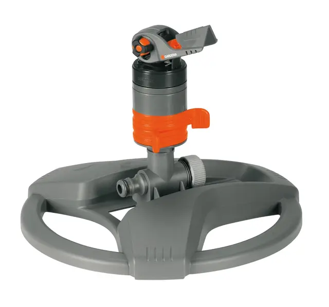 Aspersor con turbina Comfort de Gardena (con soporte): aspersor de césped para regar grandes superficies de hasta 450 m², ajuste continuo del alcance, filtro de suciedad integrado (8143-20)