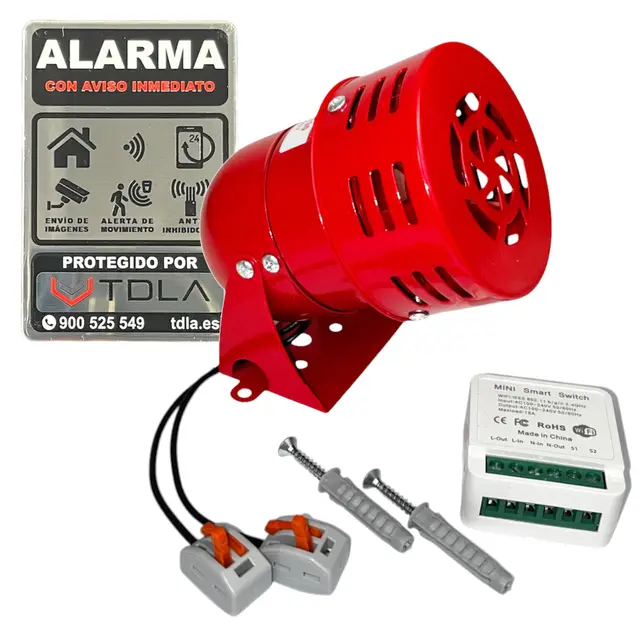 Sirena Control WiFi | Potente Motor 220V | Control Remoto Relé WiFi Incluido | Adhesivo Incluido | Sonido Alarma | 120DB | Metal Rojo | Compatible wallswitch AJAX | Google , Alexa, Tuya. | MS-190