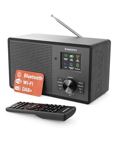 Radio Internet con Bluetooth 5.3 | Dab+ & FM 90+ Preajustes | Podcasts | Radio WiFi con Conexiones para Auriculares y AUX | Mando a Distancia con Control de Ecualización Incluido | Oakcastle IR200