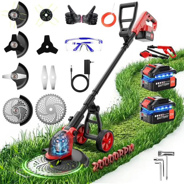 12 Pulgadas Desbrozadora a Bateria con Ruedas, Cortabordes Electrico de 800W con Motor sin Escobillas, Desbrozadora Electrica 2 Baterías 3000 mAh, 4 Tipos de Cuchillas para el Corte de Césped y Jardín