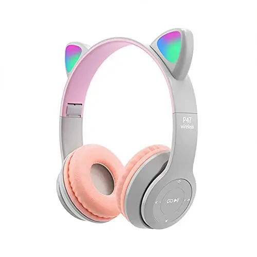 QOTSTEOS Auriculares de juego inalámbricos Bluetooth 5.0 plegables para niños y adultos con orejas de gato y luces LED (gris rosa)