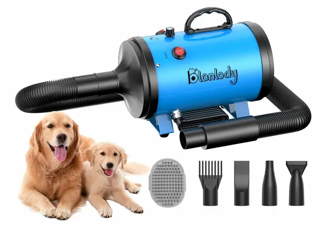 Secador de Pelo para Perros Blower Muy silencioso 4,5 CV / 3200 W Motor de Velocidad Ajustable, para el Cuidado de Perros con 4 boquillas Diferentes Manguera elástica y Cepillo de Cuidado