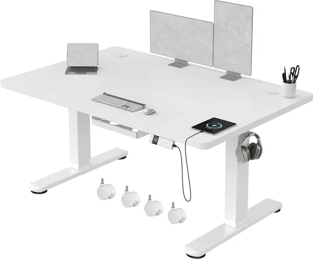 Devoko Escritorio Elevable 120x80cm con Tablero de 18 mm, Ruedas y Puerto Type-C, Escritorio Eléctrico, Regulable en Altura con Bandeja de Gestión de Cables (Blanco)