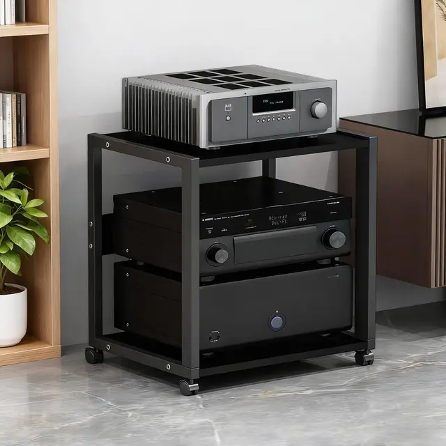 Mueble HiFi de 2 Niveles con Ruedas, Rack Audio Metálico Reforzado 25 kg, Soporte para Amplificador, Tocadiscos y Equipo de Sonido, Estantería Audio Profesional para Salón o Estudio