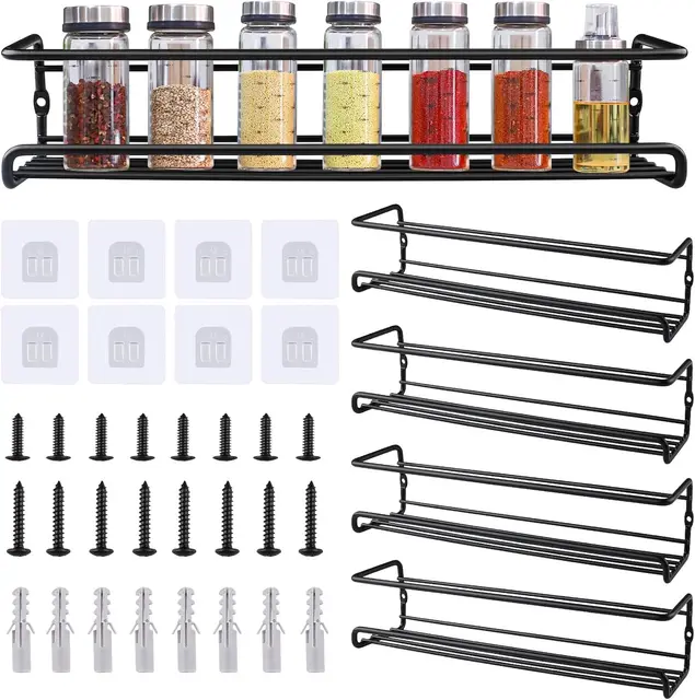 Especieros para Cocina, 4 Piezas Organizador Especias Pared Estantes Sin Taladrar para Armarios Baño y Hogar, Metal Negro, 29×6,6×6,4cm