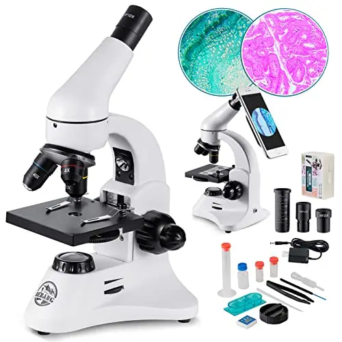 Microscopio Óptico 80X-2000X, Cuerpo Metálico, 2 Oculares WF, Iluminadores Duales, Enchufe UE, Completo Accesorios para Estudiantes Principiantes Adultos
