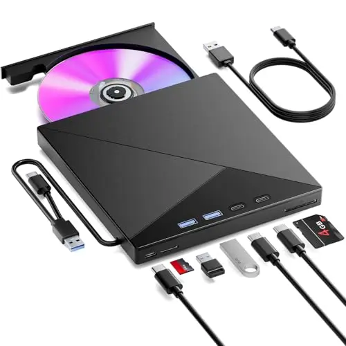 Unidad Externa de CD/DVD para Ordenador Portátil, Grabadora de DVD y Lector de CD 7 en 1 con USB 3.0 y Type-C con Lector de Tarjetas SD/TF y Concentrador USB para Windows11/10/8/7/Mac/Linux/PC