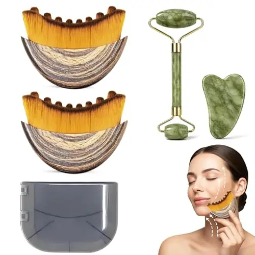 4 Piezas Cepillos Linfáticos Faciales Set(Jade Gua Sha y Rodillo de Jade) Lymphatic Contour Face Brush丨Cepillo Facial Linfático para Masaje y Tensado Facial